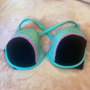 Shade & Shore Black Bikini Top with Aqua & Pink Crochet Trim
